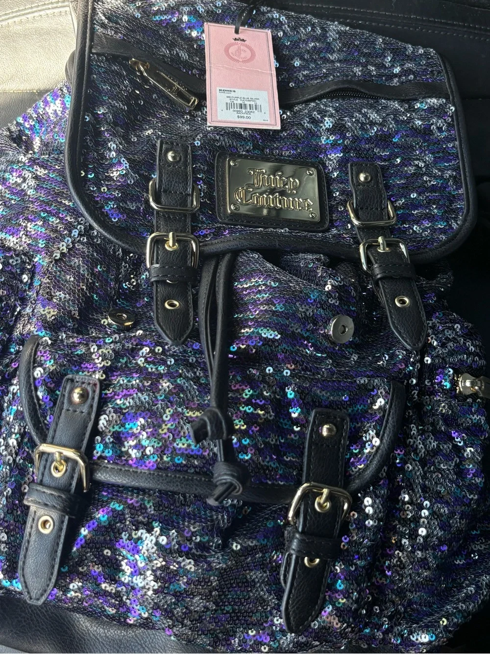 Juicy Couture Black Sequin Backpack with Iridescent Purple Blue Accents